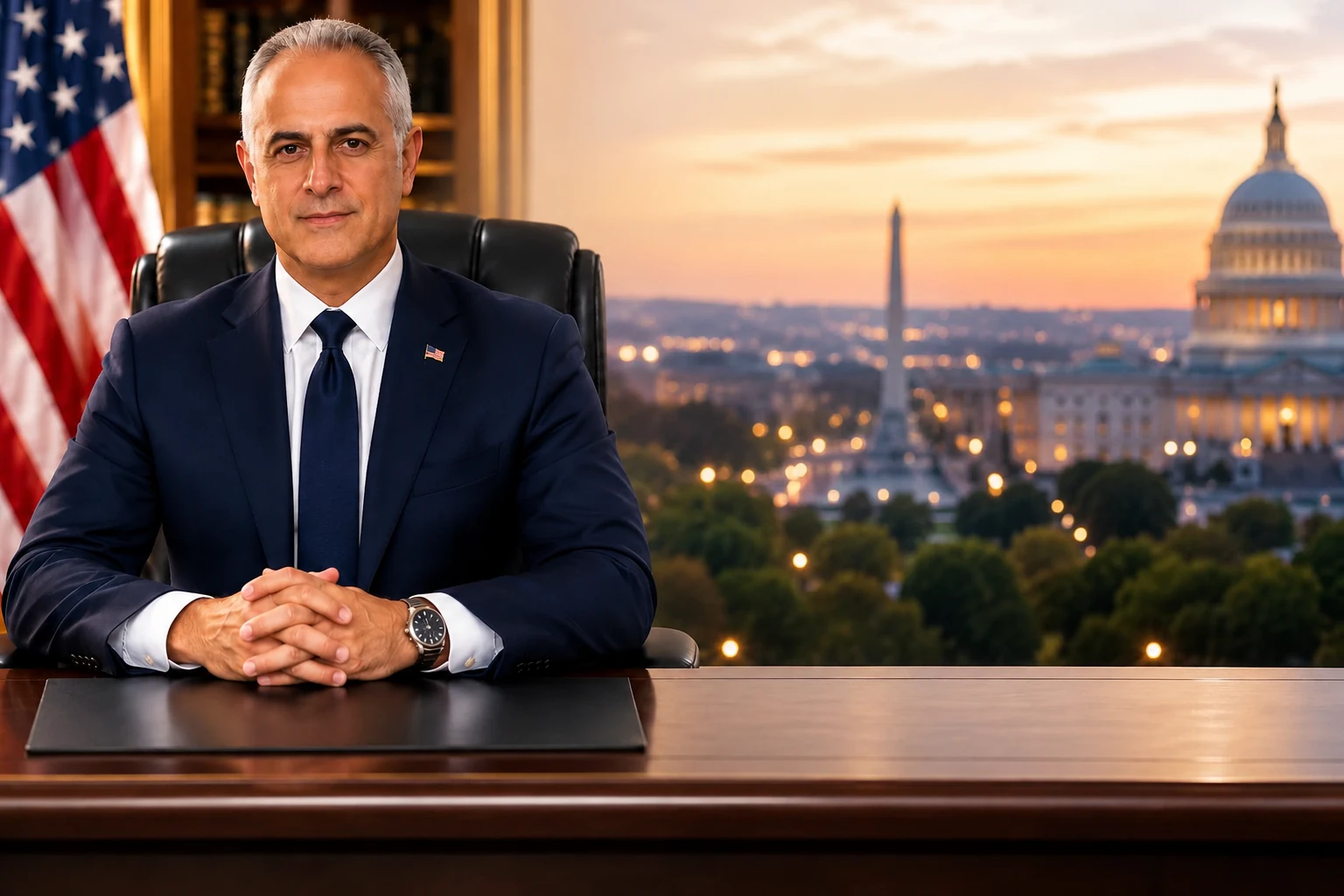 Founder seated in an office with an American flag and Washington landmarks